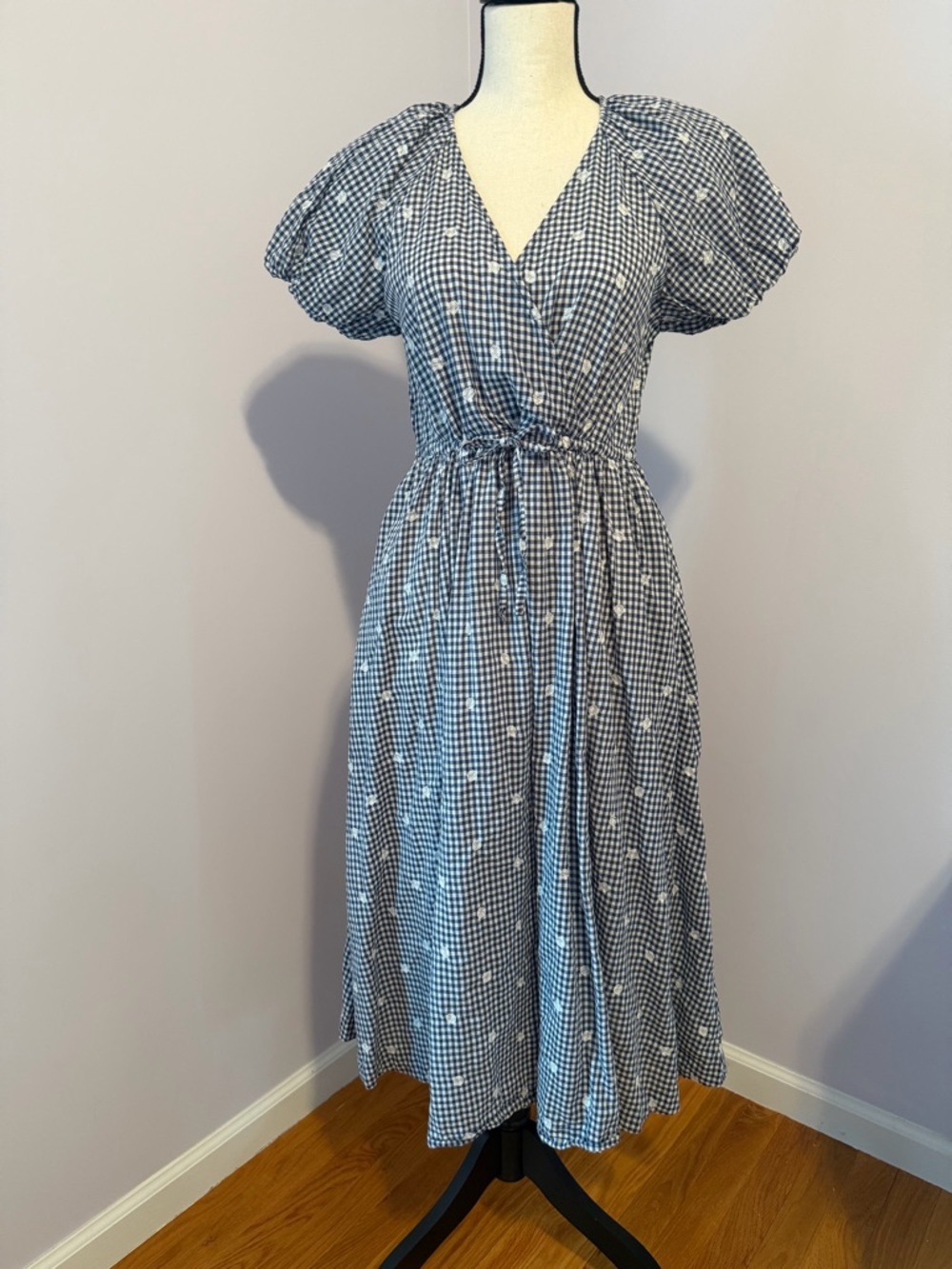 Madewell Blue Gingham Wrap Midi Dress with Puff Sleeves